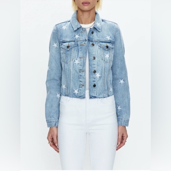 Pistola Brando Star Embroidery Denim Jacket in a light wash with a raw hem. - Picture 3 of 14
